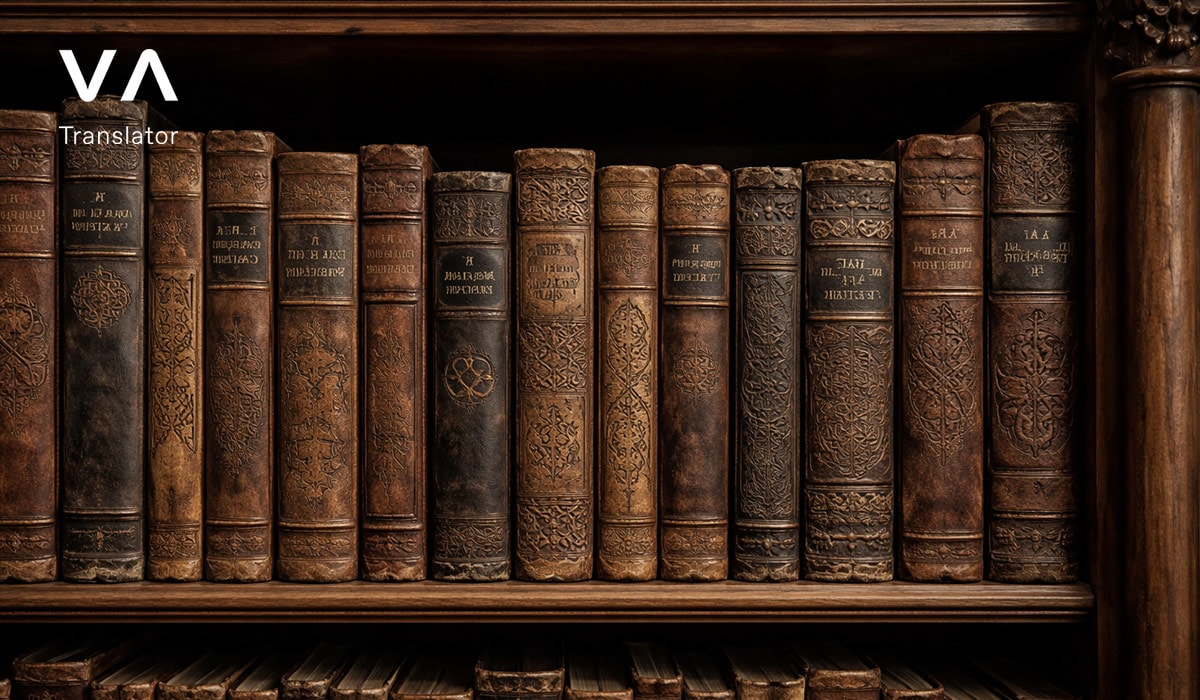 Libros antiguos encuadernados en cuero con patrones celtas en un estante