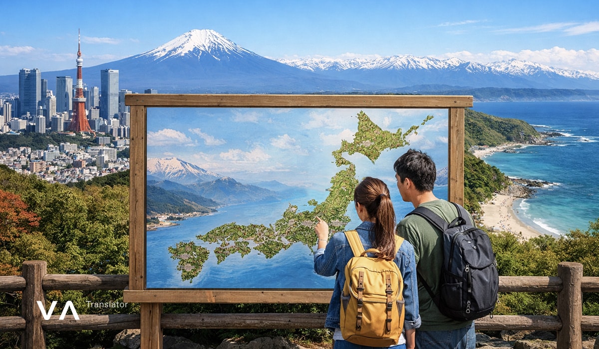 Pareja mirando un mapa de Japón con el monte Fuji y el horizonte de Tokio al fondo: inspiración para viajar a Japón