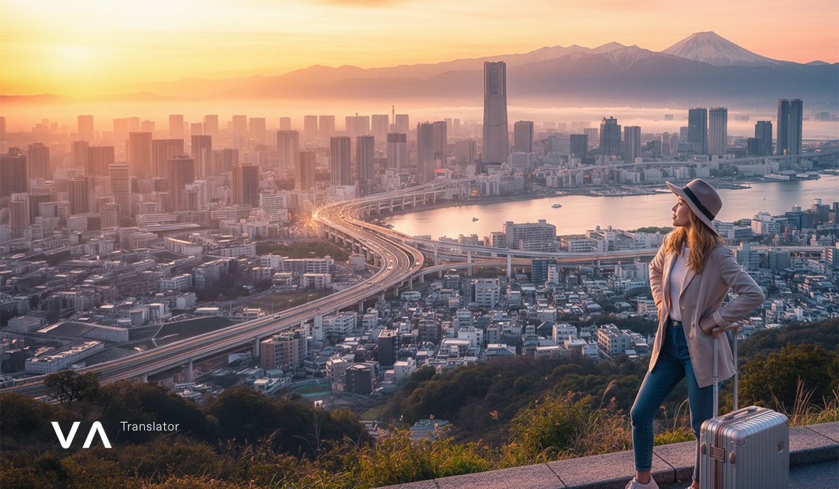 Mujer con maleta con vistas al horizonte de Tokio y al monte Fuji al amanecer: primera vez que visito Japón