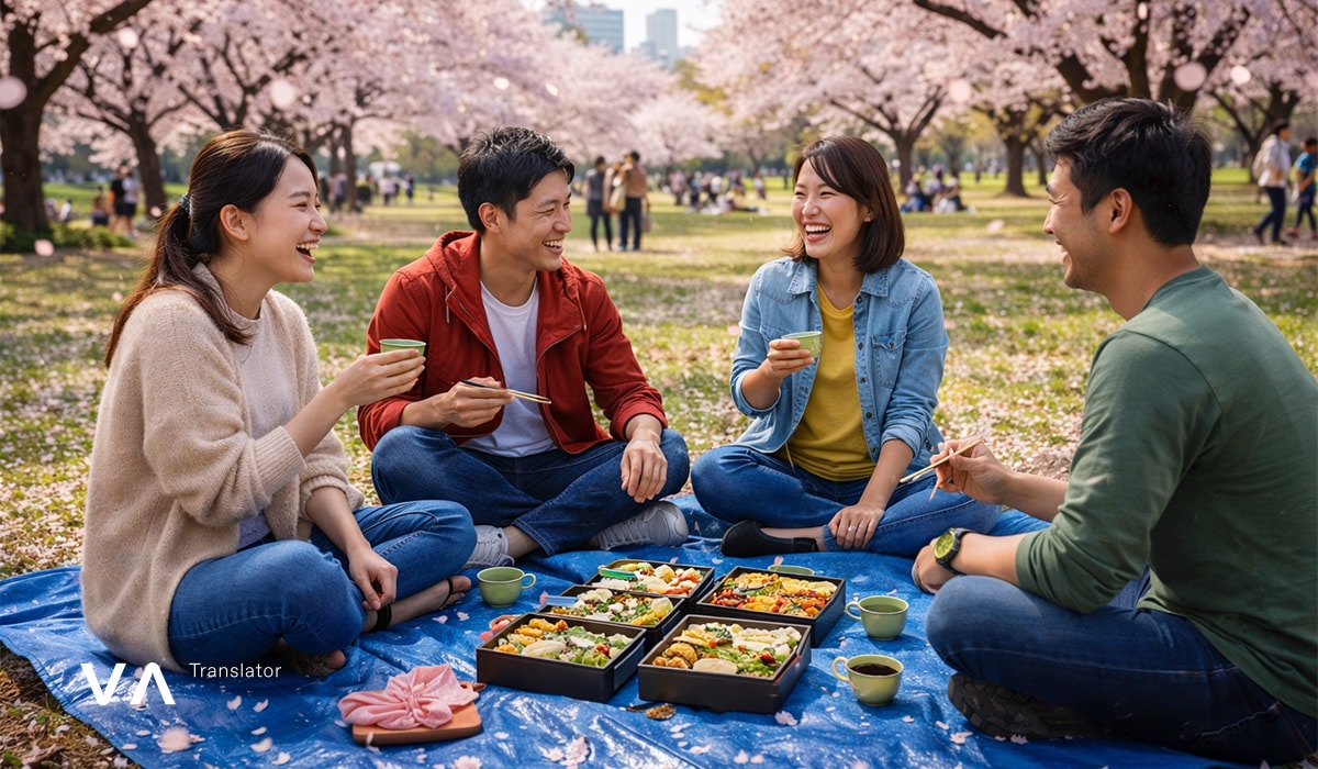 Amigos haciendo un picnic bajo la flor de cerezo en un parque de Tokio: viaje de primavera a Japón durante la temporada de sakura.