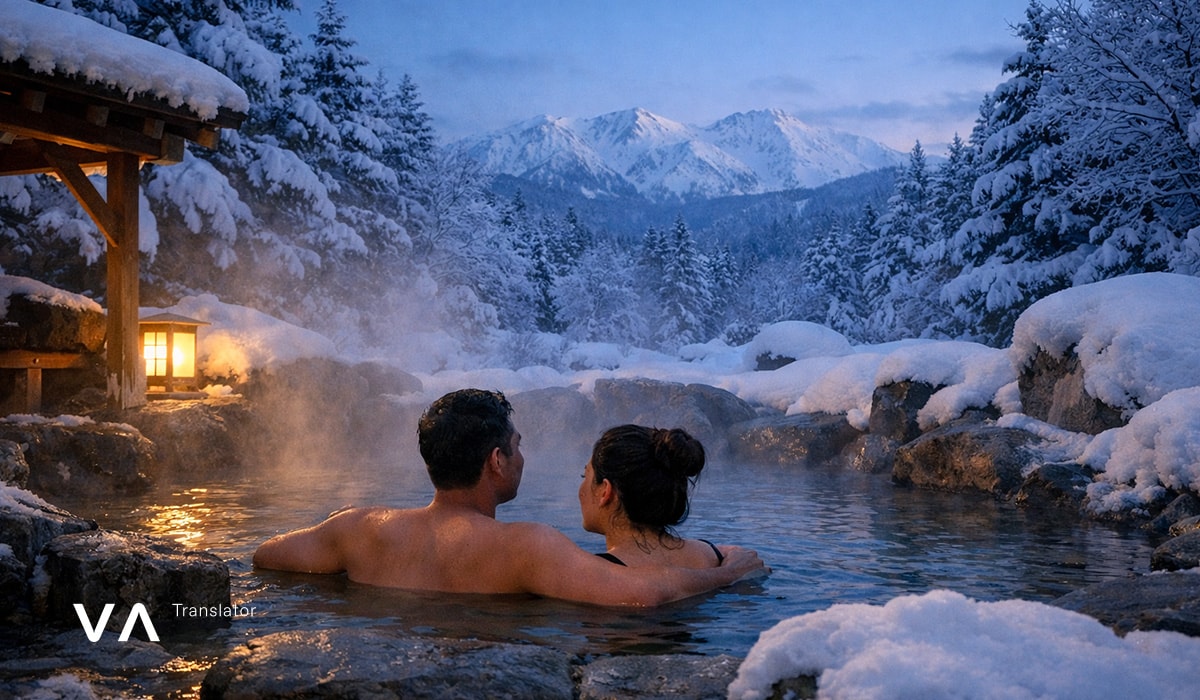 Pareja relajándose en un onsen tradicional japonés rodeado de montañas nevadas: viaje de invierno en Japón
