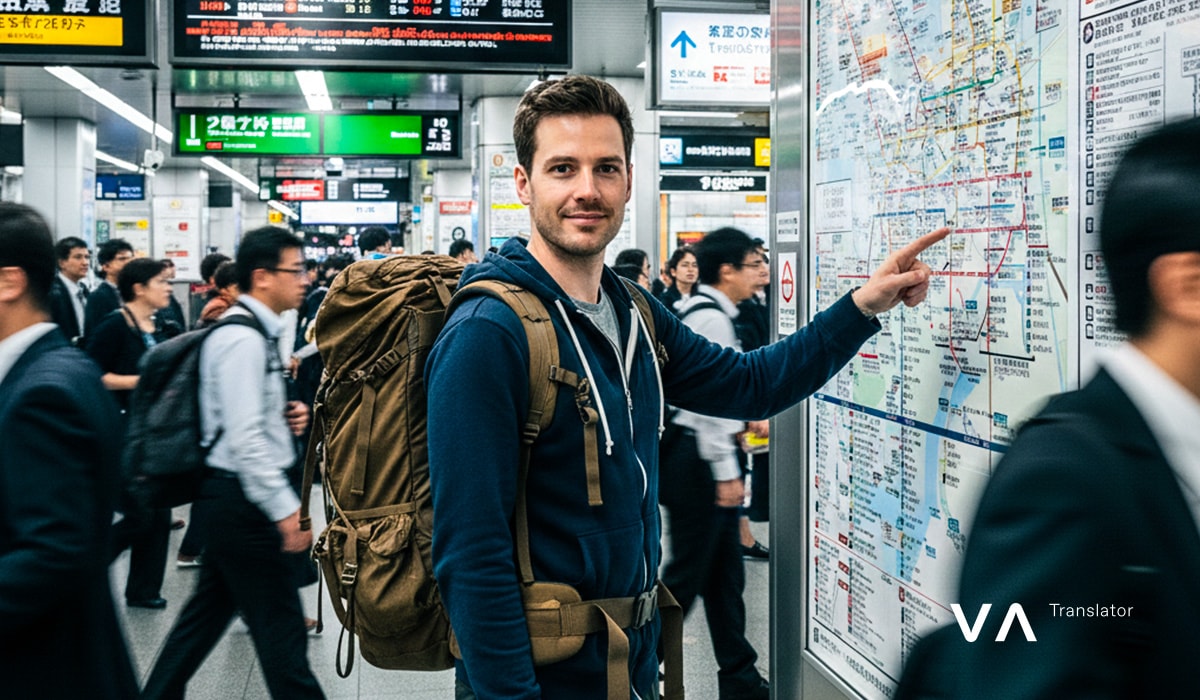 Turista con mochila consultando el mapa del metro de Tokio: navegando en el transporte público durante un viaje a Japón.