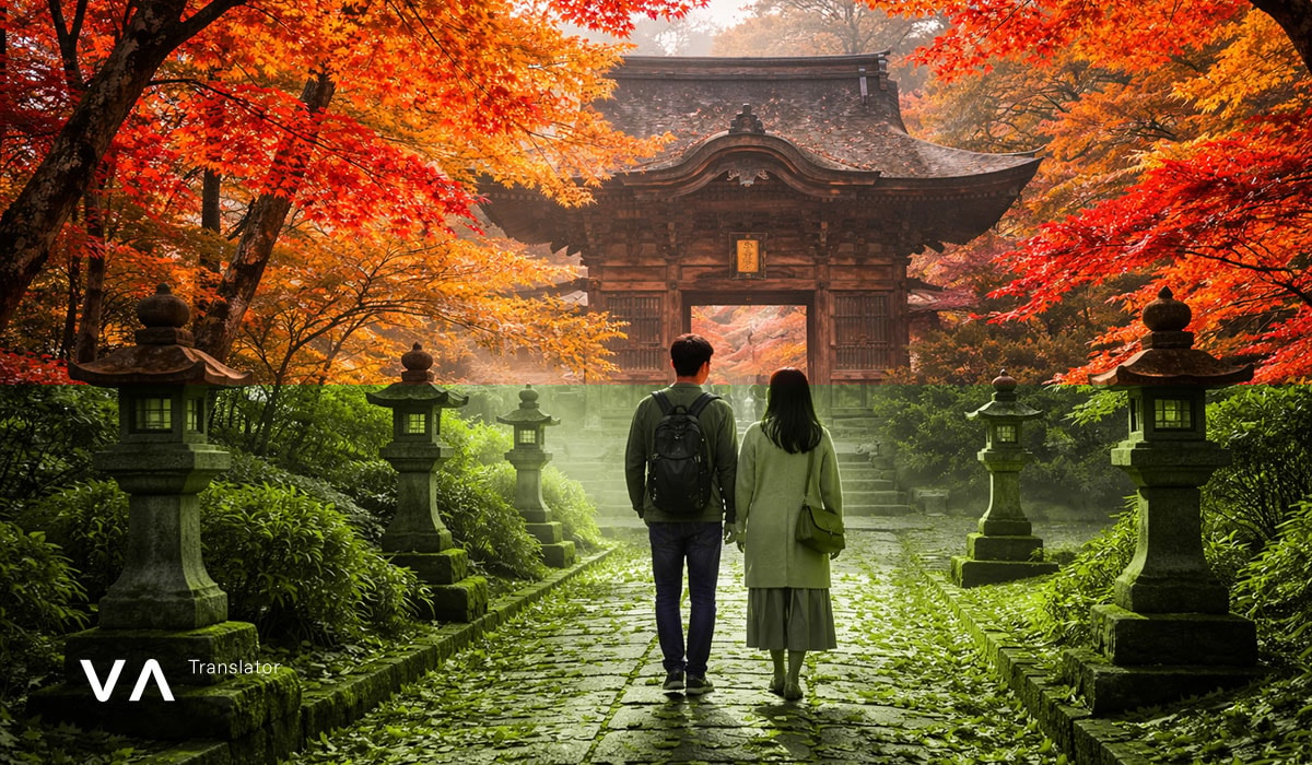 Viajeros paseando por un templo japonés histórico durante el otoño: turismo en Kioto en otoño