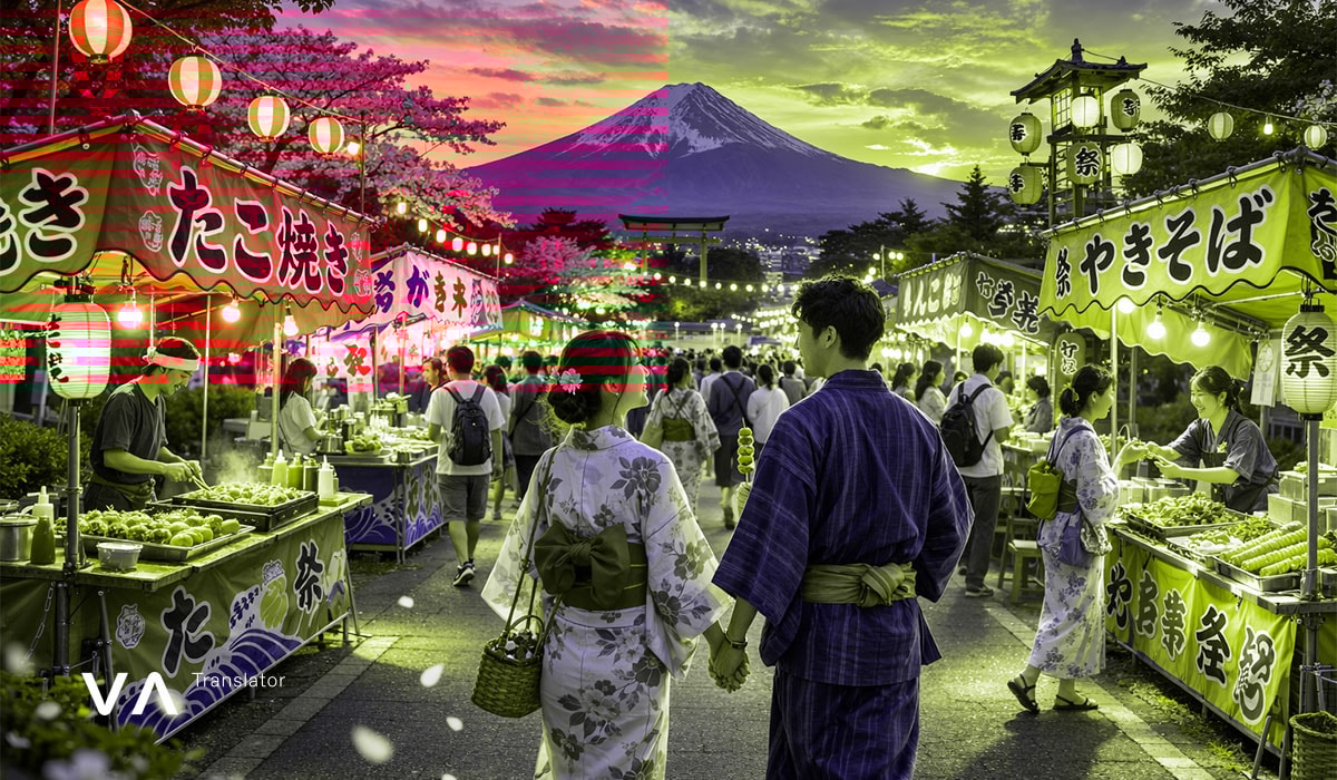 Pareja explorando un mercado de comida callejera japonés con el monte Fuji al atardecer: una experiencia cultural en Japón