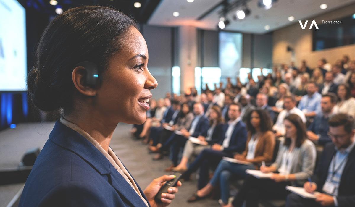 Mujer de negocios usando auriculares con traductor durante una presentación en una conferencia internacional.