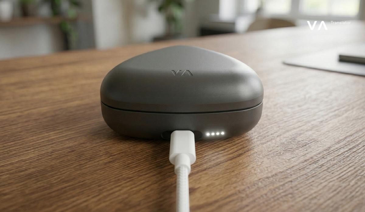 Estuche de carga con cable para auriculares del traductor VA sobre un escritorio de madera.