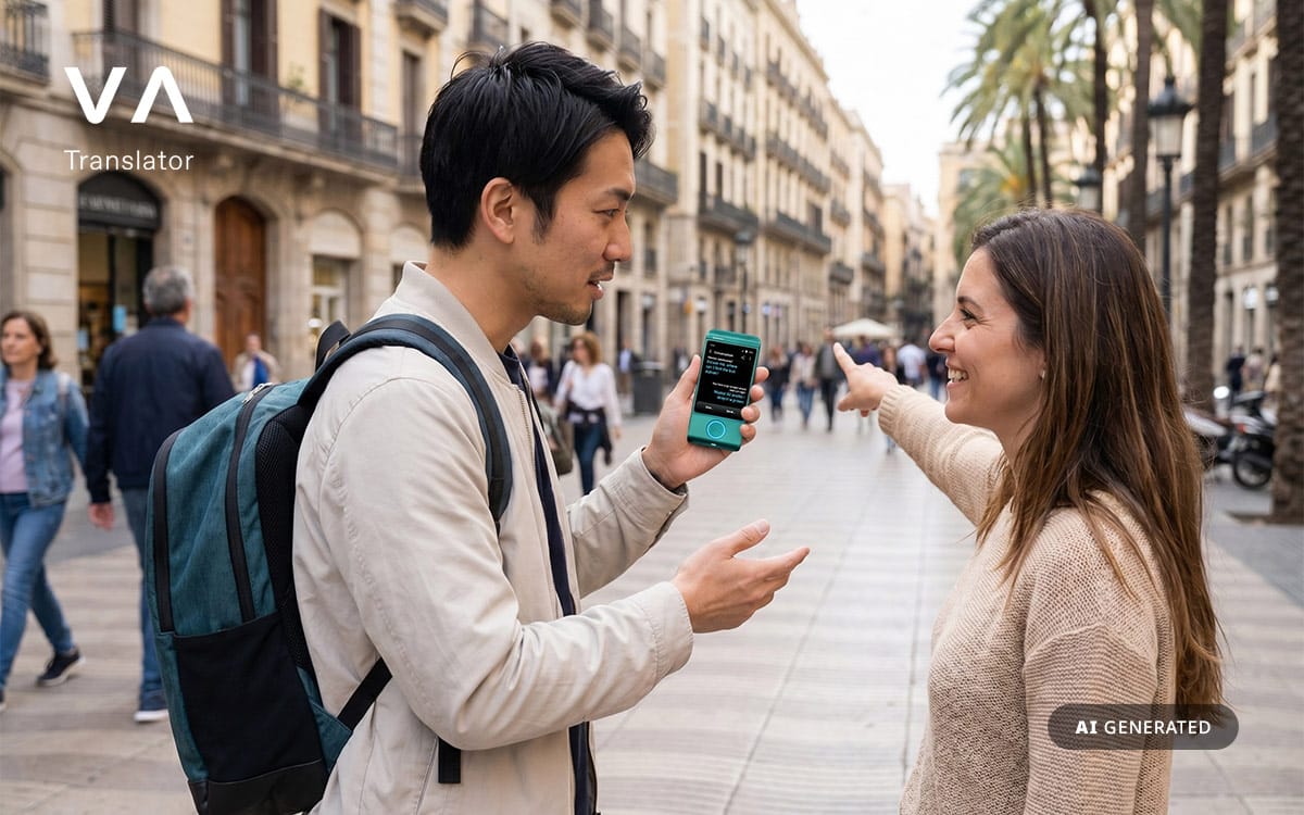Viajero usando un traductor Vasco para pedir indicaciones a una mujer local en el centro de la ciudad