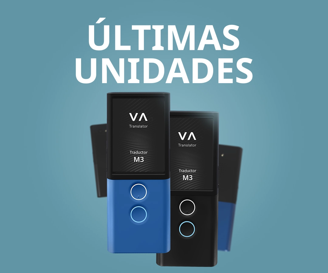 Imagen promocional de los dispositivos Vasco Translator M3 en azul y negro sobre un fondo azul con las palabras «VENTA FINAL».