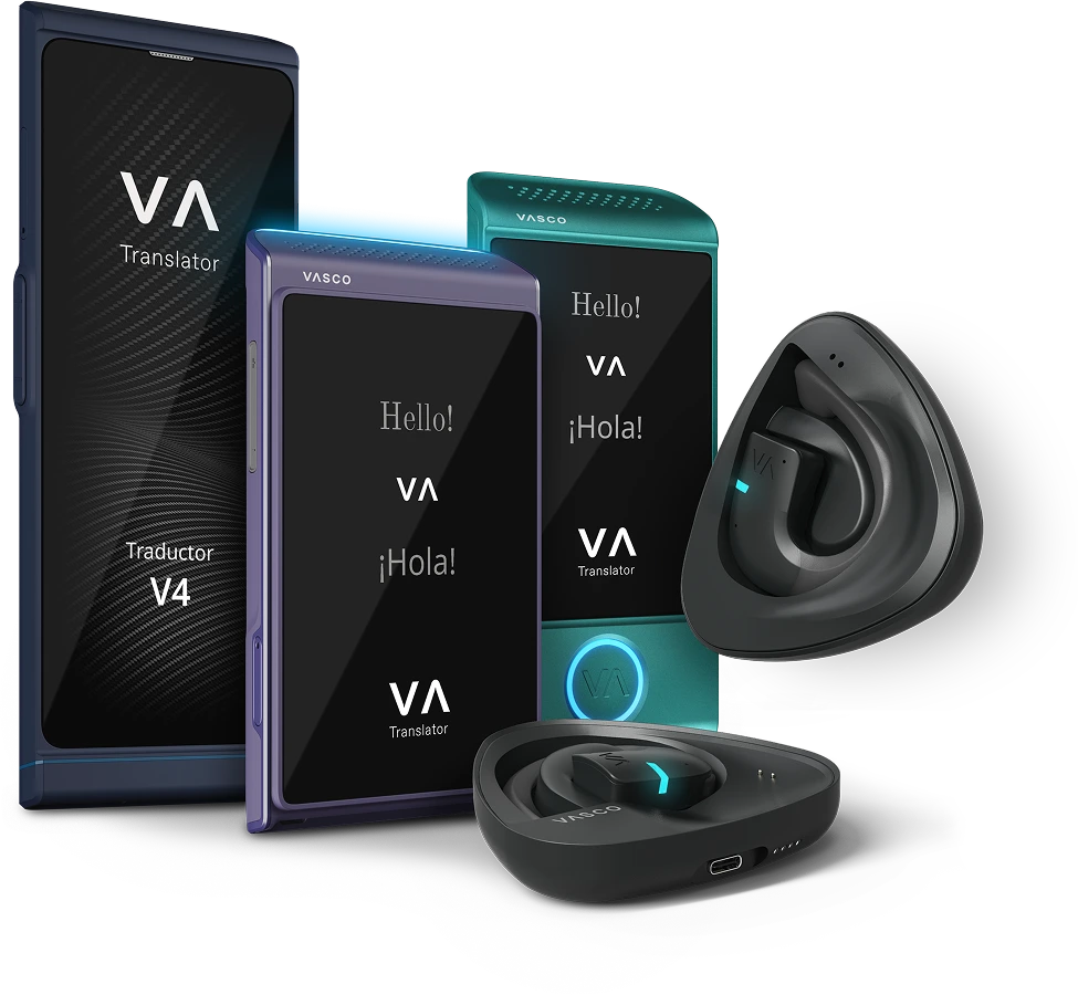 Vista lateral de los dispositivos VA: los traductores VA V4, Q1, M4 y E1 expuestos uno al lado del otro.
